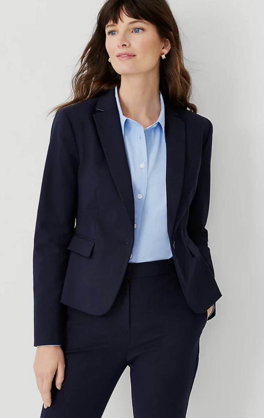 ANN TAYLOR NIGHT SKY BLUE THE PETITE ONE BUTTON STRETCH COTTON BLAZER JACKET 0P